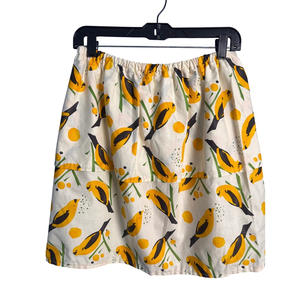 Handmade Yellow Bird Print Mini Skirt Cottagecore Whimsical Tiered Elastic Waist